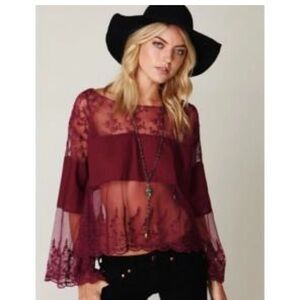 Free People Deep Red Sheer Lace Cannaregio  Blouse Top NWT